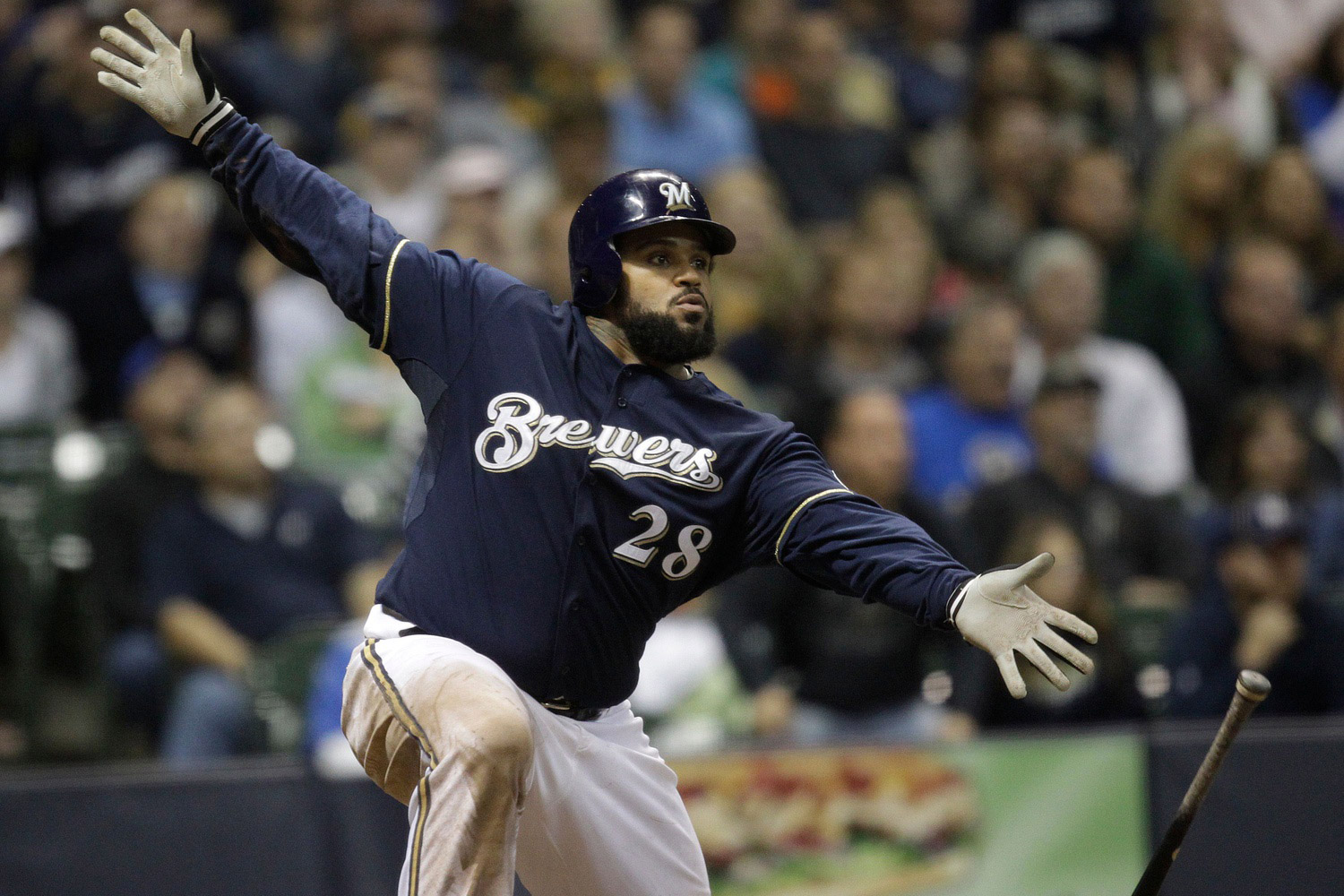 Milwaukee Brewers first baseman Prince Fielder (28) hits a double