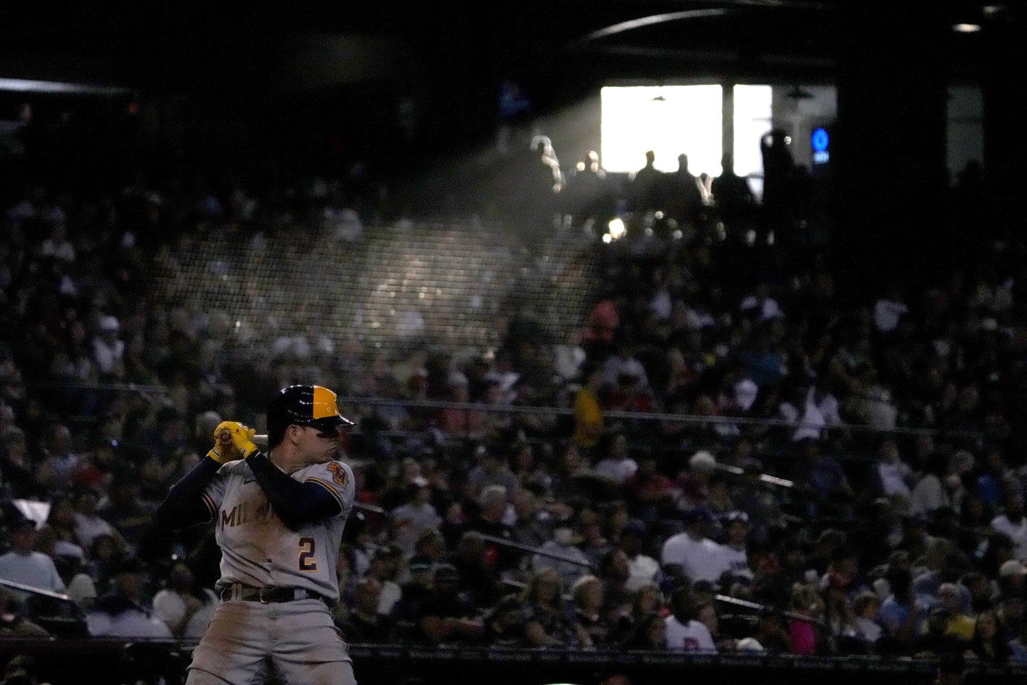 Luis Urias of the Milwaukee Brewers up to bat against the St