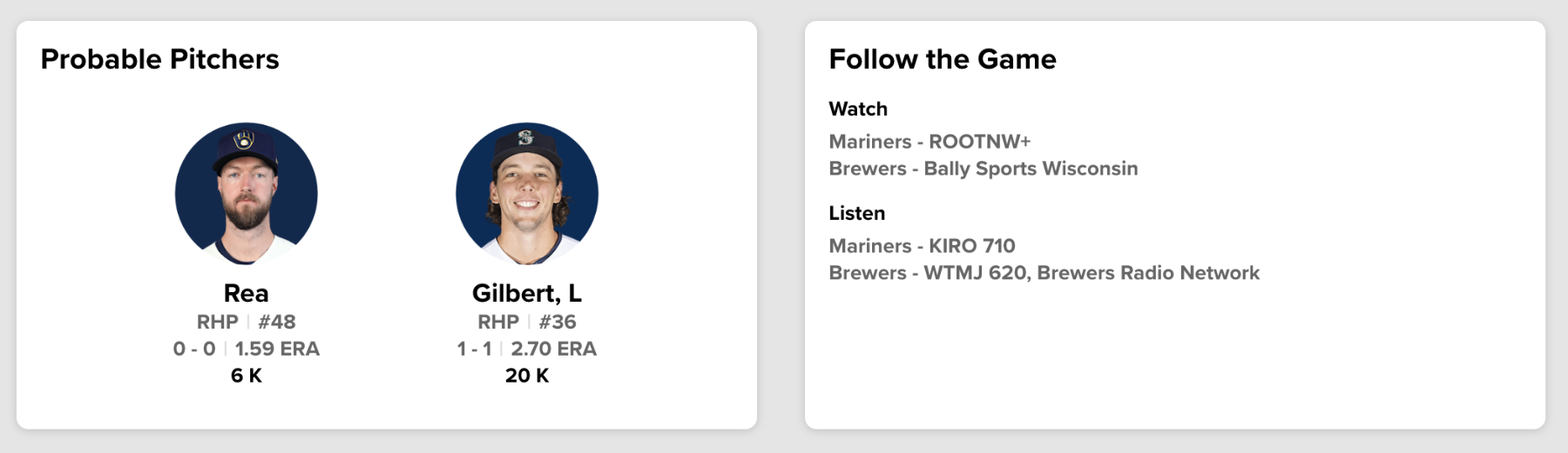 Brewers (Rea) vs Mariners (Gilbert) 4/18/23, 840pm Brewer Fanatic