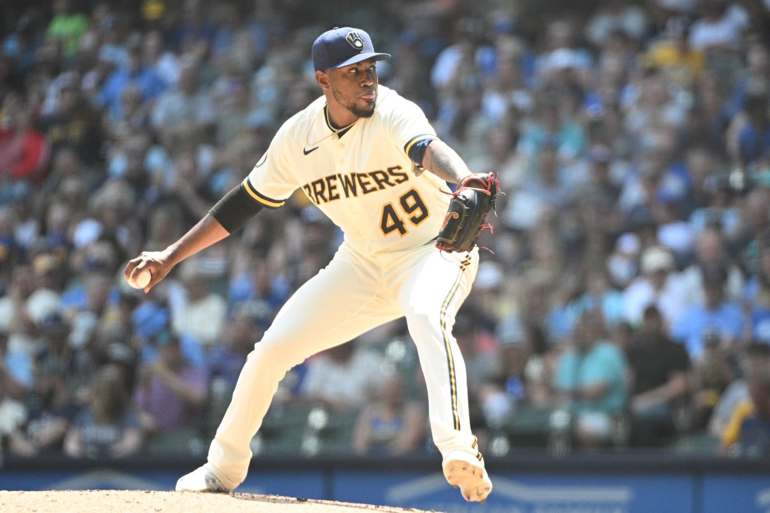 Julio Teheran of the Milwaukee Brewers throws a pitch during the