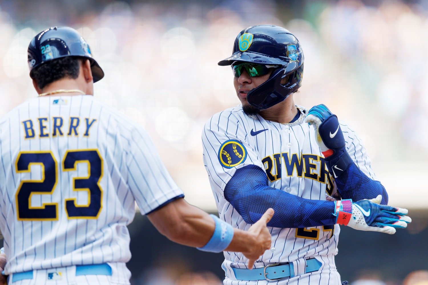 Milwaukee Brewers' Raimel Tapia reacts after hitting a home run