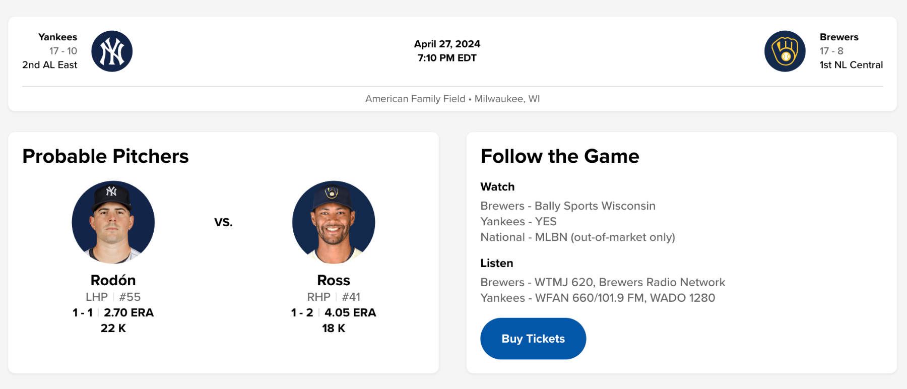 Yankees (Rodon) vs Brewers (Ross): 4/27/24, 6:10pm - Page 2 - Archived Game  Threads - Brewer Fanatic